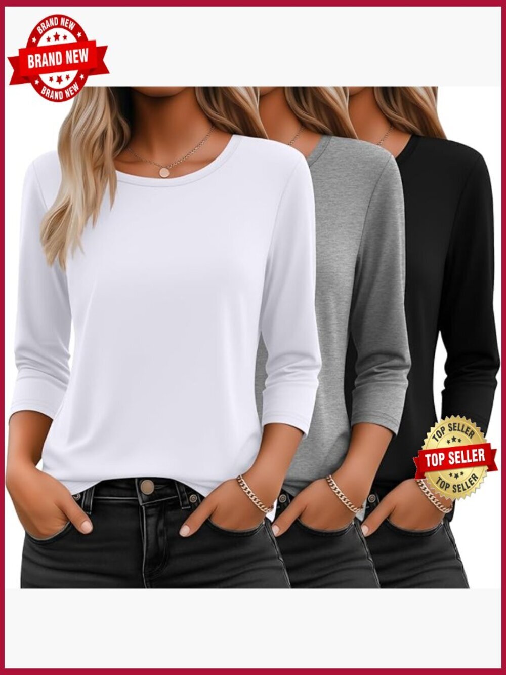 3 Pack 3/4 Sleeve Tops Women Crew Neck Loose Fit T Shirts Casual Tees